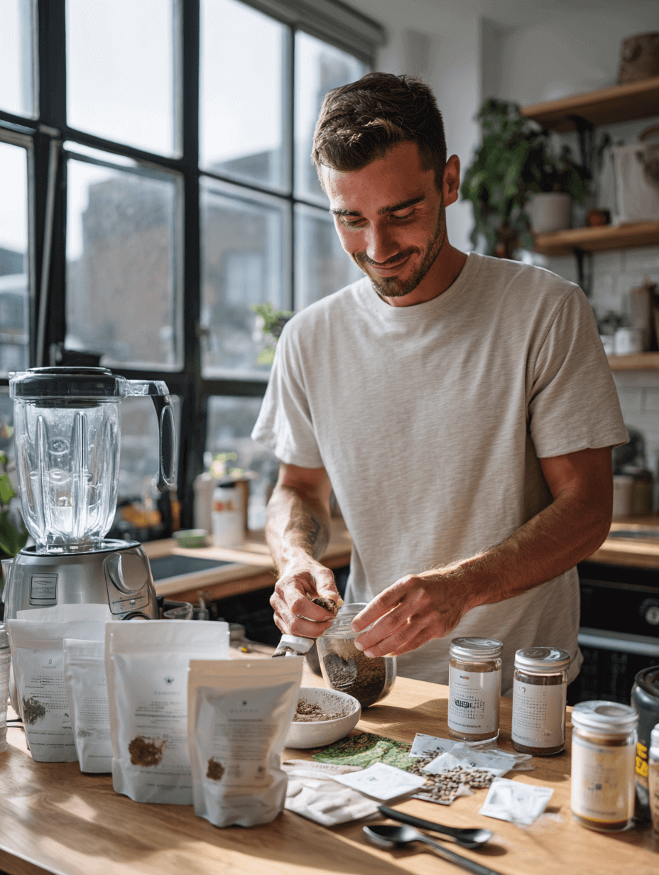 Man preparing ingredients on a kitchen counter with various items including bags and jars.