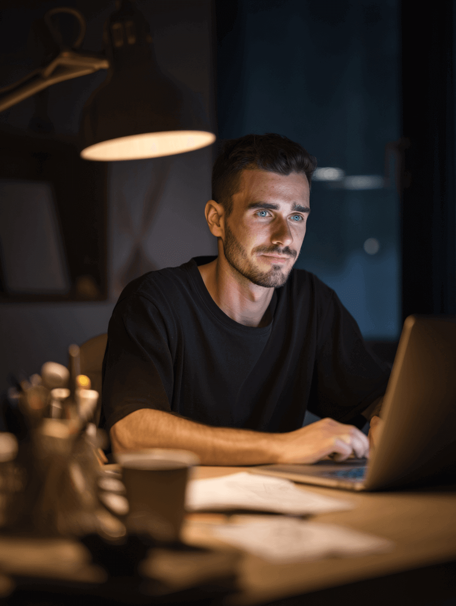 Man working on a laptop at a desk in a dimly lit room