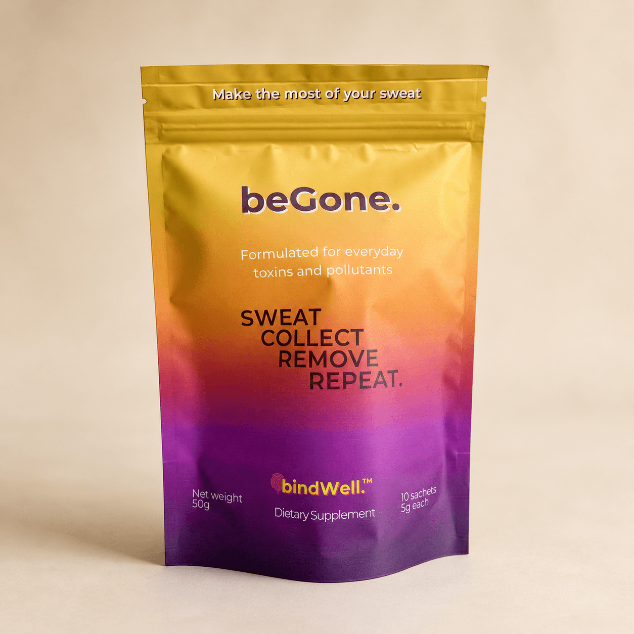 beGone dietary supplement package with gradient design on a beige background